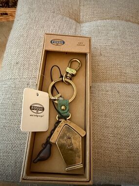 Fossil Peacock Blue Birdhouse Charm Keychain